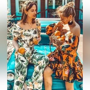 H&M Orange Flared Skirt & Off the Shoulder Cropped Top with Puffed Sleeves SET